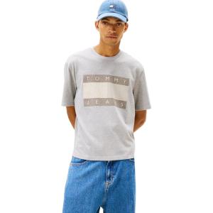 Tommy Jeans Men’s Short Sleeve Solid Cotton Graphic T-Shirts with Distressed Flag Logo(Mid Grey Heather)