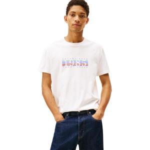 Tommy Jeans Men’s Short Sleeve Solid Cotton Graphic T-Shirts with Signature Printed 1985 Graphic(Ecru)