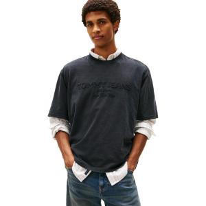 Tommy Jeans Men’s Short Sleeve Solid Cotton Graphic T-Shirts with Tonal Embroidered Logo(Black)