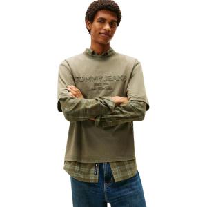 Tommy Jeans Men’s Short Sleeve Solid Cotton Graphic T-Shirts with Tonal Embroidered Logo(Dark Greenery)