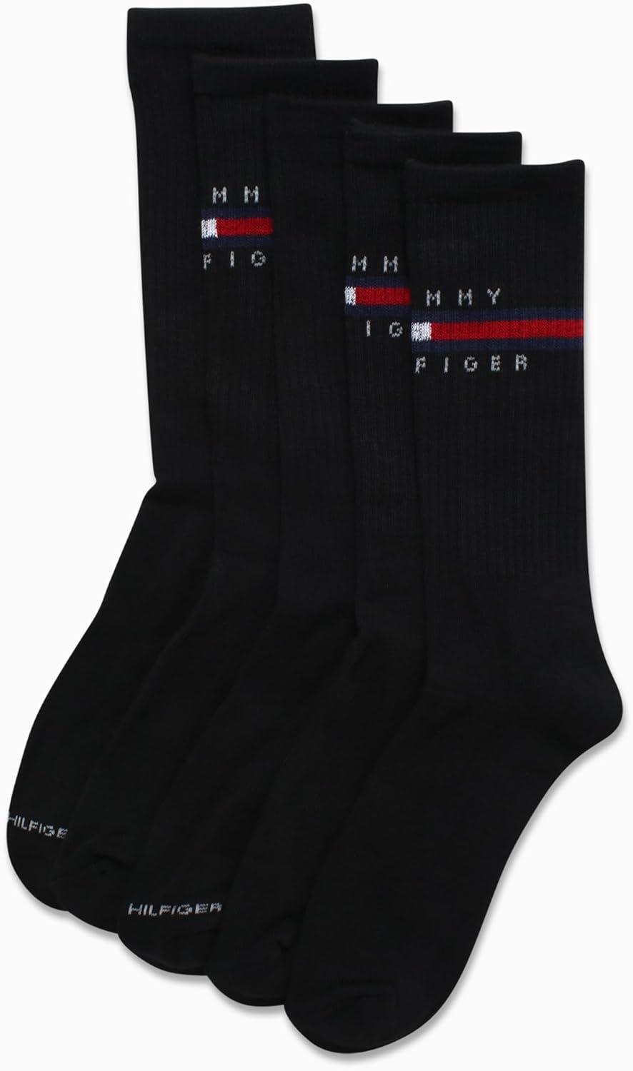 imageTommy Hilfiger Mens Crew Socks 5 Pack Cushioned Stretch Athletic Performance Crew Length Running Socks for MenAll Black