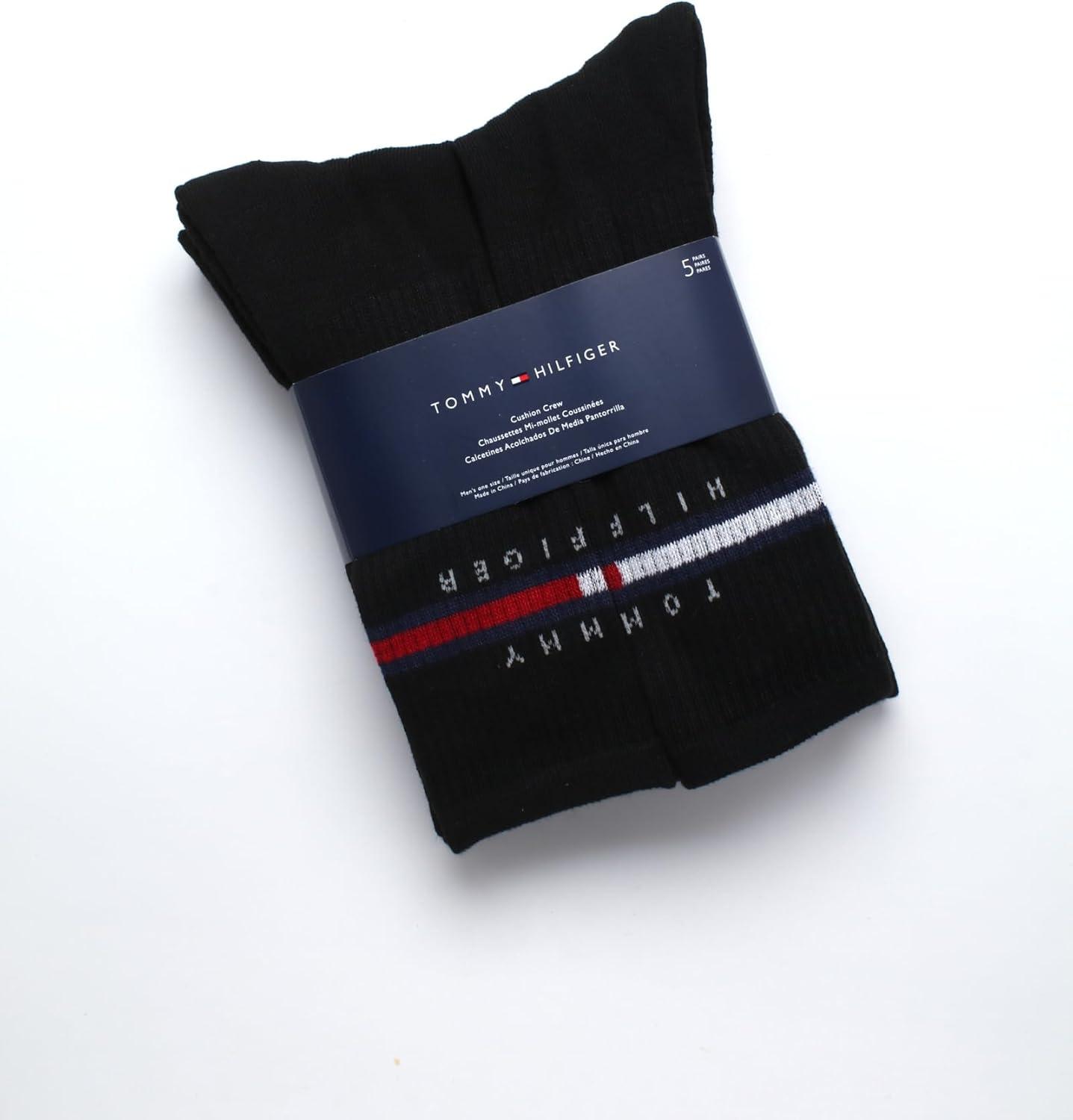 imageTommy Hilfiger Mens Crew Socks 5 Pack Cushioned Stretch Athletic Performance Crew Length Running Socks for MenAll Black