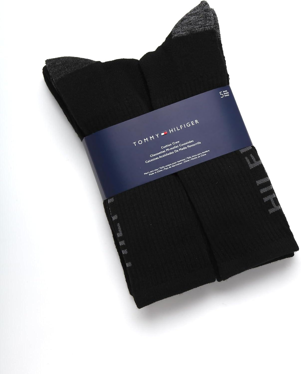 imageTommy Hilfiger Mens Crew Socks 5 Pack Cushioned Stretch Athletic Performance Crew Length Running Socks for MenBlack