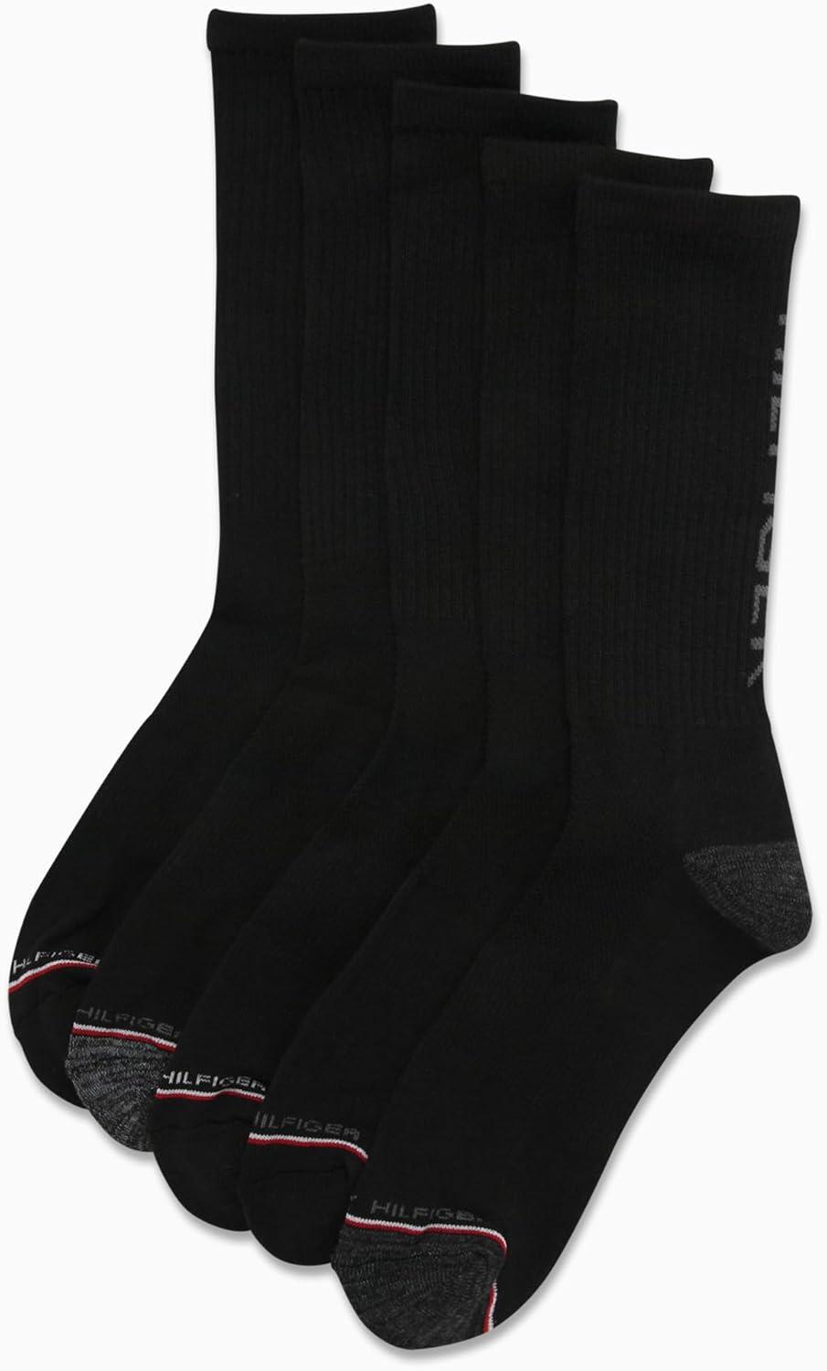 imageTommy Hilfiger Mens Crew Socks 5 Pack Cushioned Stretch Athletic Performance Crew Length Running Socks for MenBlack