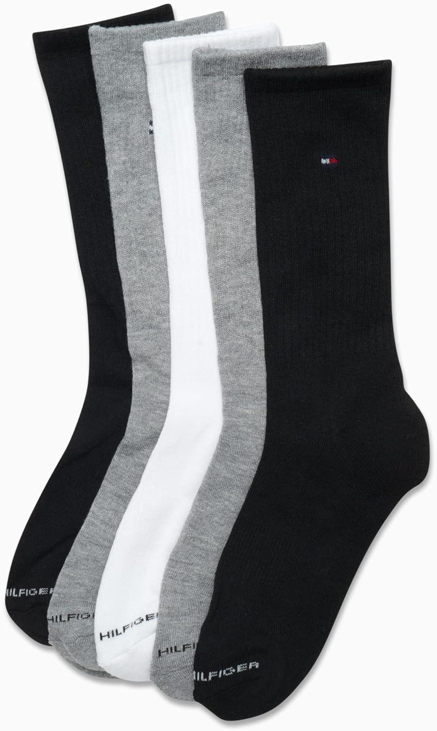 imageTommy Hilfiger Mens Crew Socks 5 Pack Cushioned Stretch Athletic Performance Crew Length Running Socks for MenBlackWhiteGrey