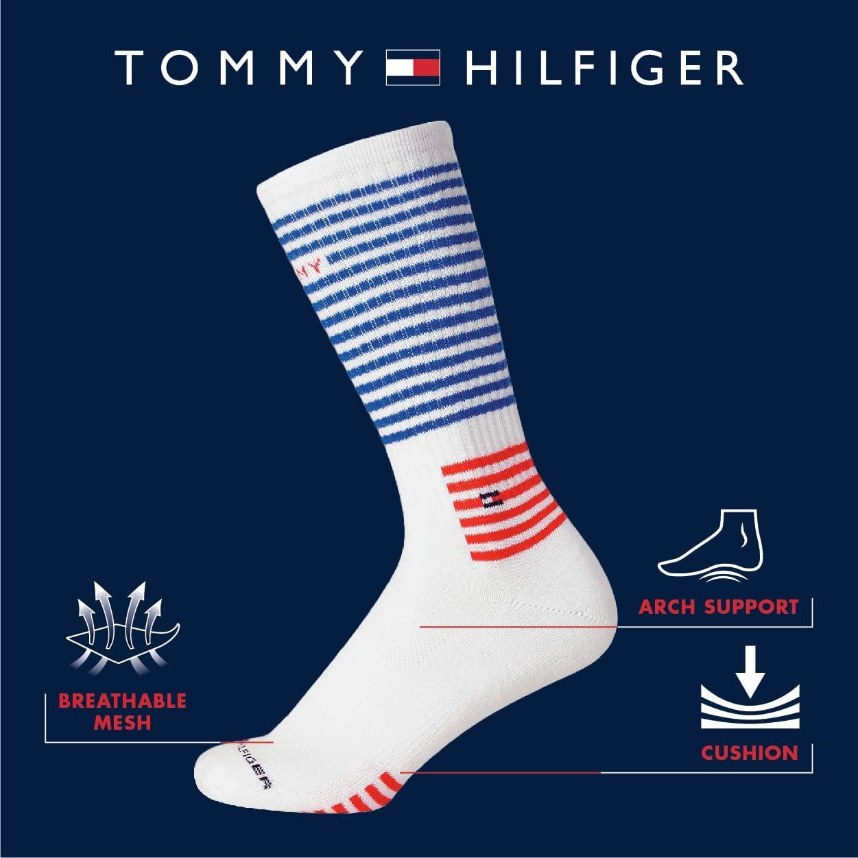 imageTommy Hilfiger Mens Crew Socks 5 Pack Cushioned Stretch Athletic Performance Crew Length Running Socks for MenBlackWhiteGrey