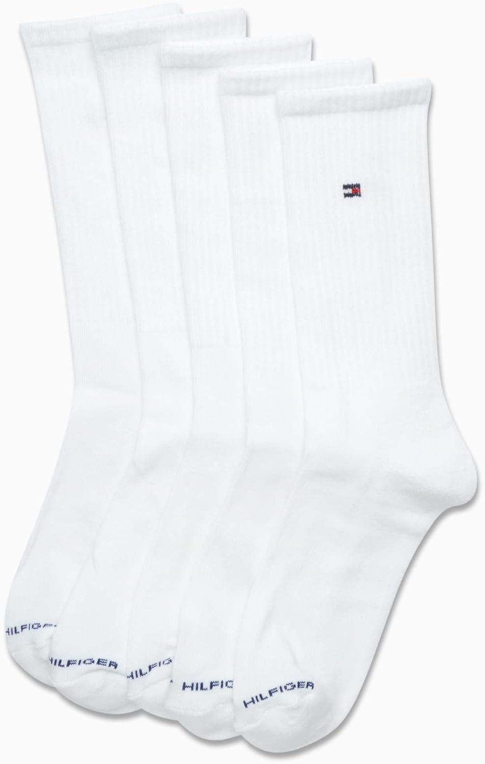 imageTommy Hilfiger Mens Crew Socks 5 Pack Cushioned Stretch Athletic Performance Crew Length Running Socks for MenPure White