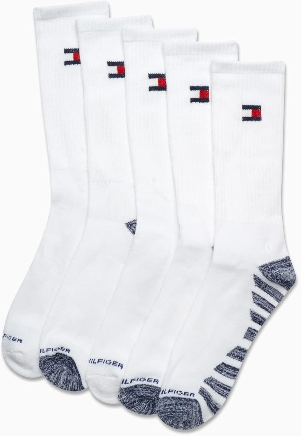 imageTommy Hilfiger Mens Crew Socks 5 Pack Cushioned Stretch Athletic Performance Crew Length Running Socks for MenWhiteWhite