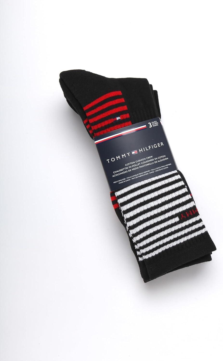 imageTommy Hilfiger Mens Crew Socks 6 Pack Cotton Blend Stretch Cushioned Breathable Athletic Socks for MenBlack Stripe