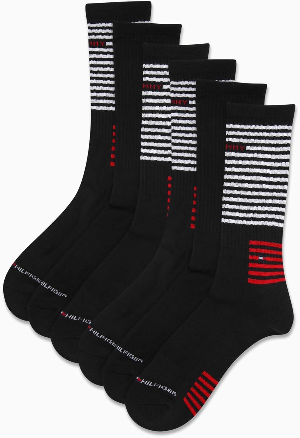 imageTommy Hilfiger Mens Crew Socks 6 Pack Cotton Blend Stretch Cushioned Breathable Athletic Socks for MenBlack Stripe