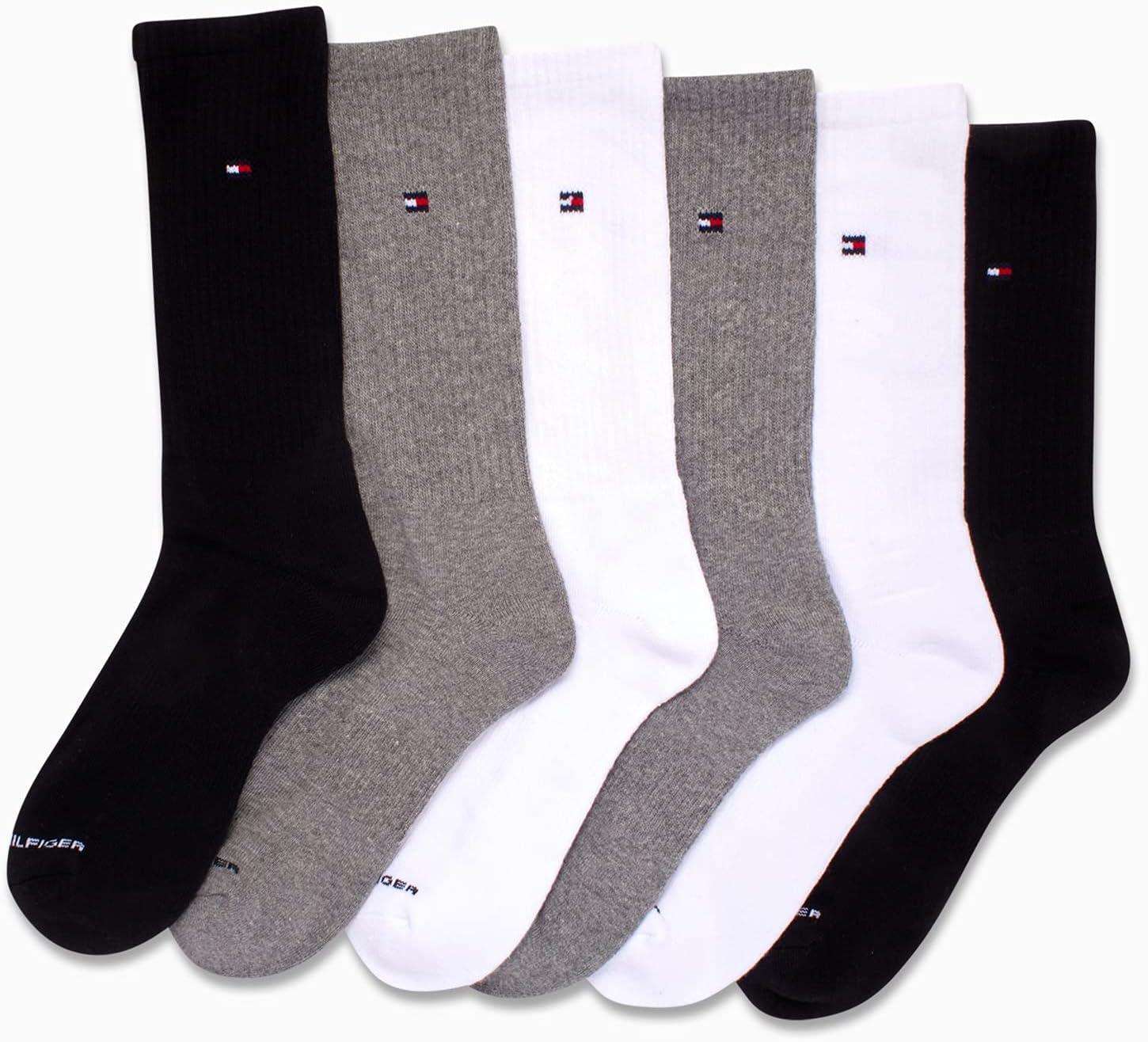 imageTommy Hilfiger Mens Crew Socks 6 Pack Cotton Blend Stretch Cushioned Breathable Athletic Socks for MenGrey Assorted