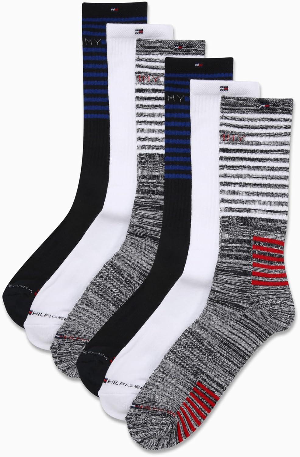 imageTommy Hilfiger Mens Crew Socks 6 Pack Cotton Blend Stretch Cushioned Breathable Athletic Socks for MenNavy Assorted