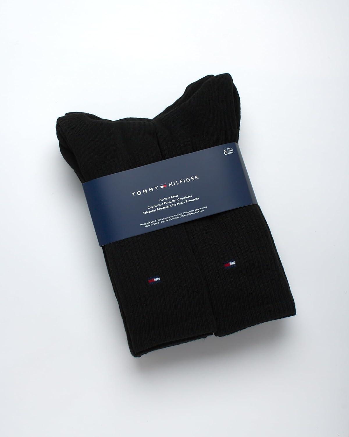 imageTommy Hilfiger Mens Crew Socks 6 Pack Cotton Blend Stretch Cushioned Breathable Athletic Socks for MenPure Black