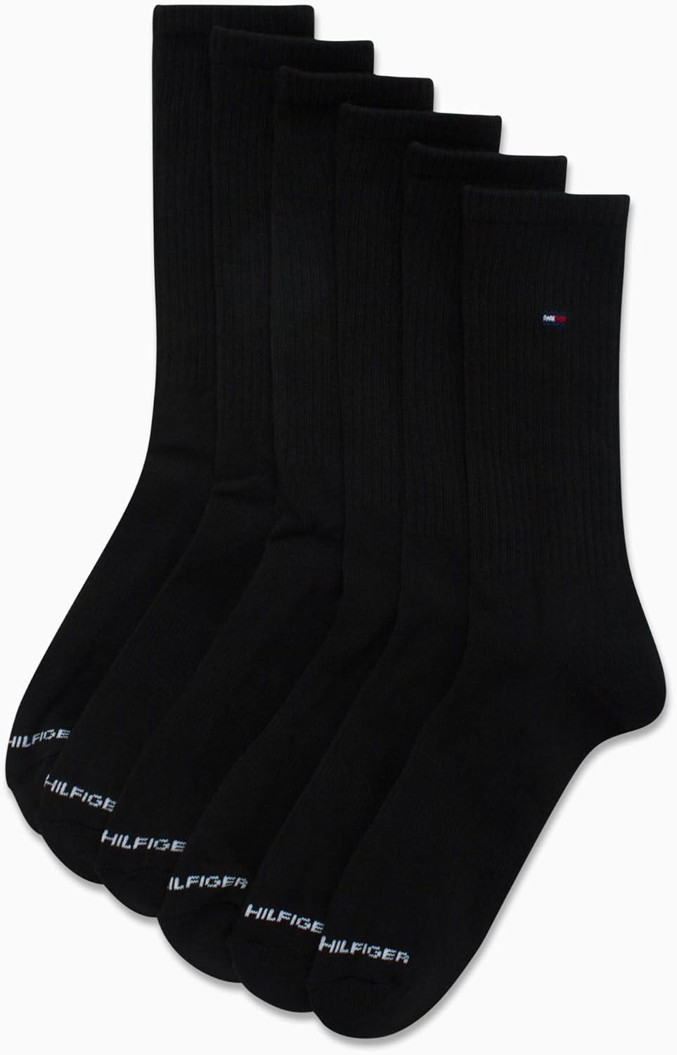 imageTommy Hilfiger Mens Crew Socks 6 Pack Cotton Blend Stretch Cushioned Breathable Athletic Socks for MenPure Black
