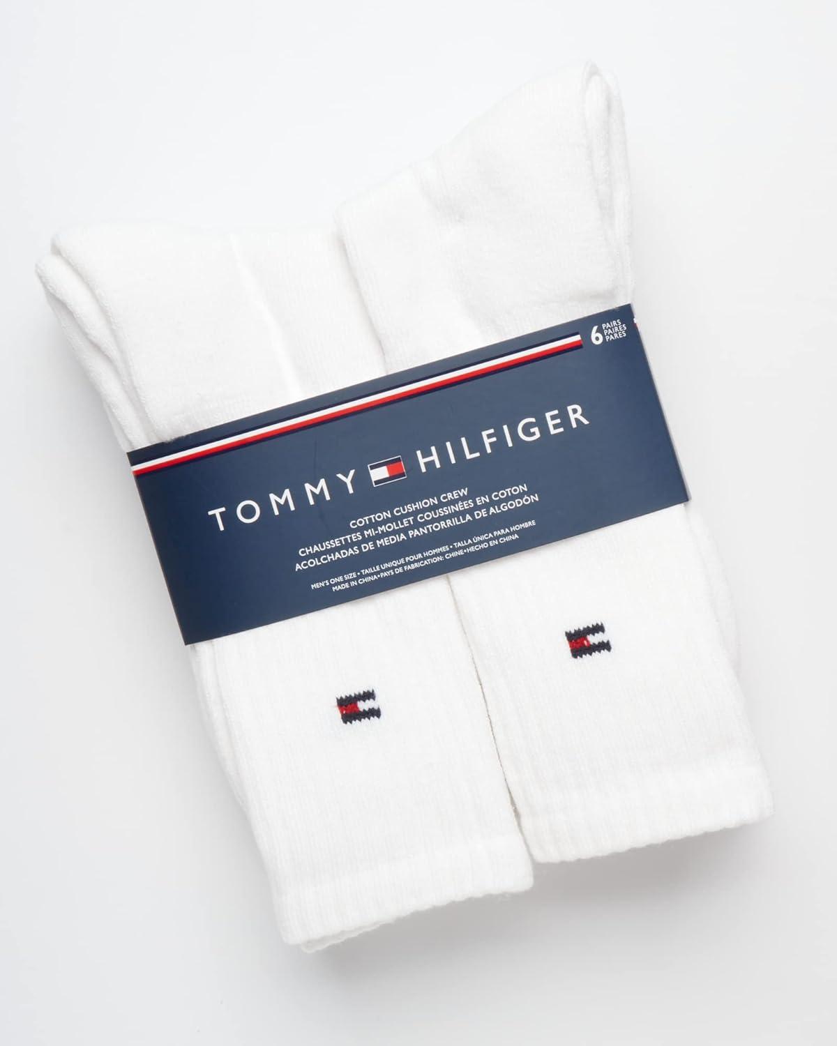 imageTommy Hilfiger Mens Crew Socks 6 Pack Cotton Blend Stretch Cushioned Breathable Athletic Socks for MenWhite