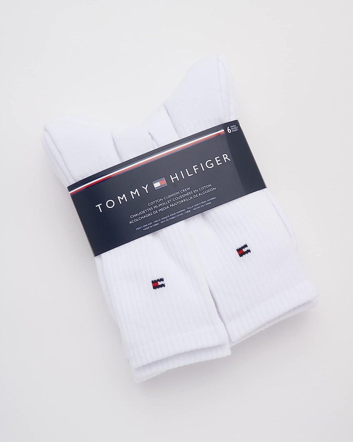 imageTommy Hilfiger Mens Crew Socks 6 Pack Cotton Blend Stretch Cushioned Breathable Athletic Socks for MenWhite Flag