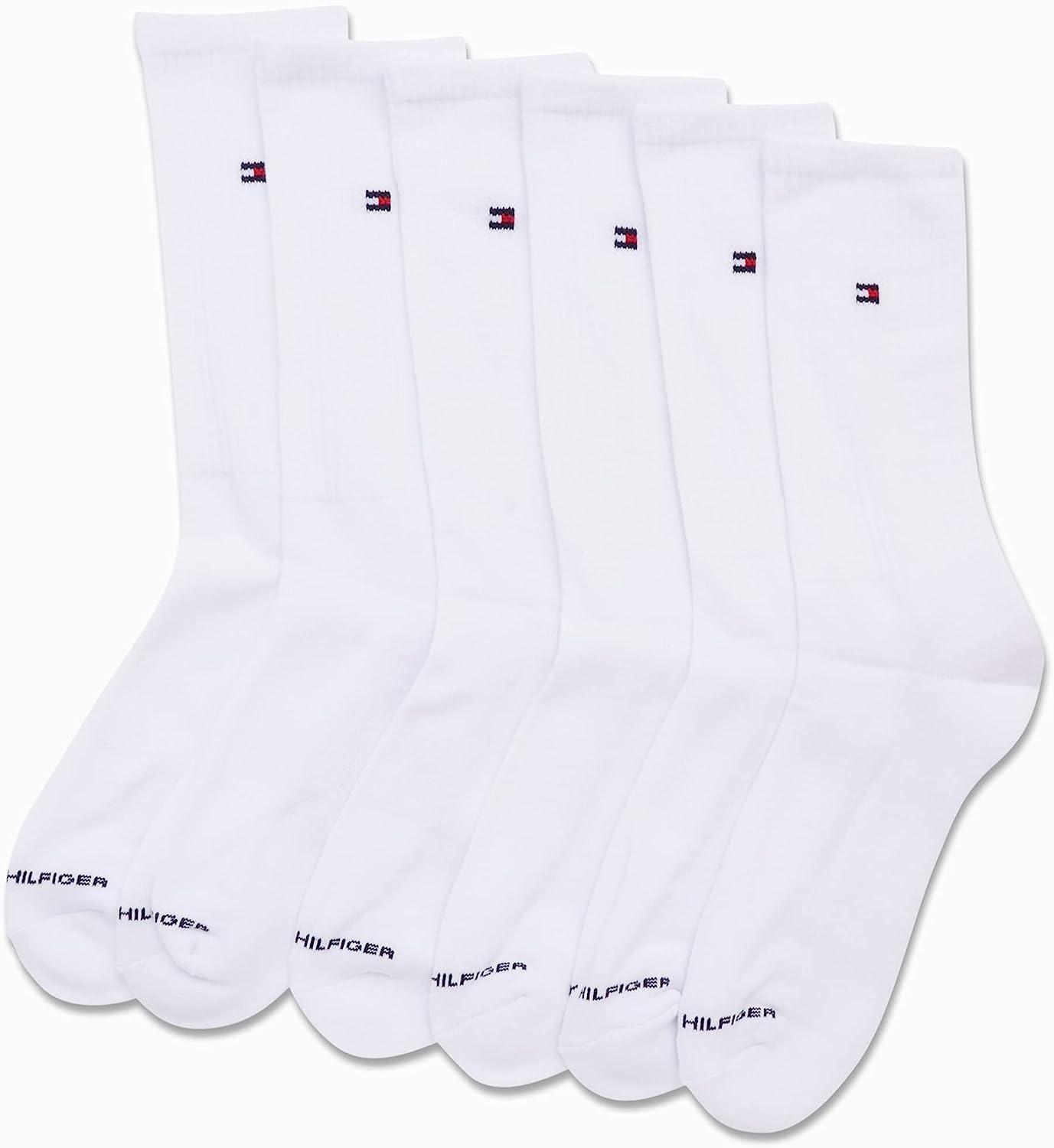 imageTommy Hilfiger Mens Crew Socks 6 Pack Cotton Blend Stretch Cushioned Breathable Athletic Socks for MenWhite Flag