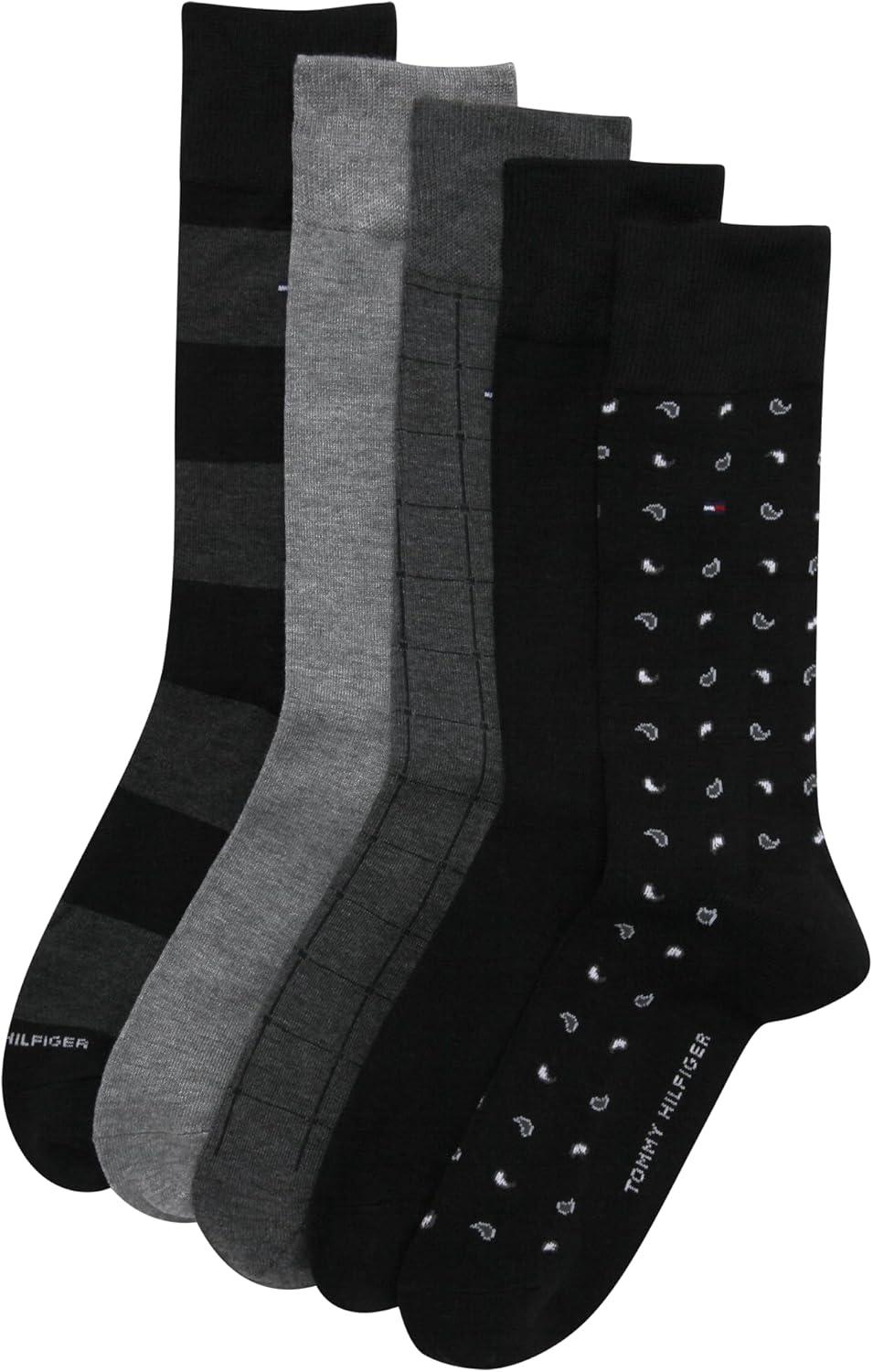 imageTommy Hilfiger Mens Dress Socks 5 Pack Lightweight Patterned Everyday Long Work Socks for Men for Casual amp Formal WearBlack Grey Assorted