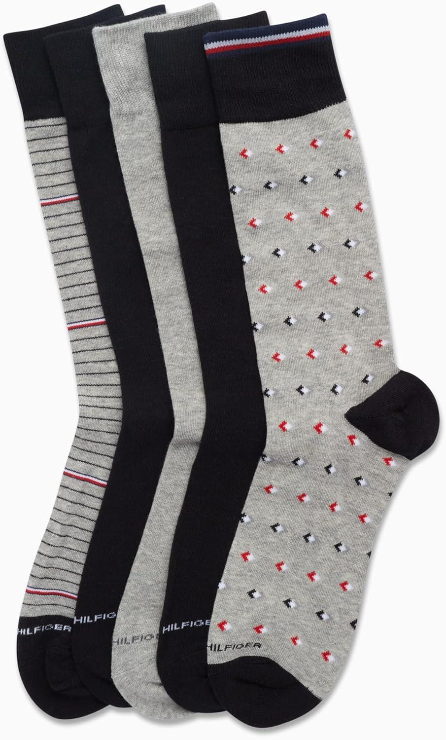 imageTommy Hilfiger Mens Dress Socks 5 Pack Lightweight Patterned Everyday Long Work Socks for Men for Casual amp Formal WearGreyBlack
