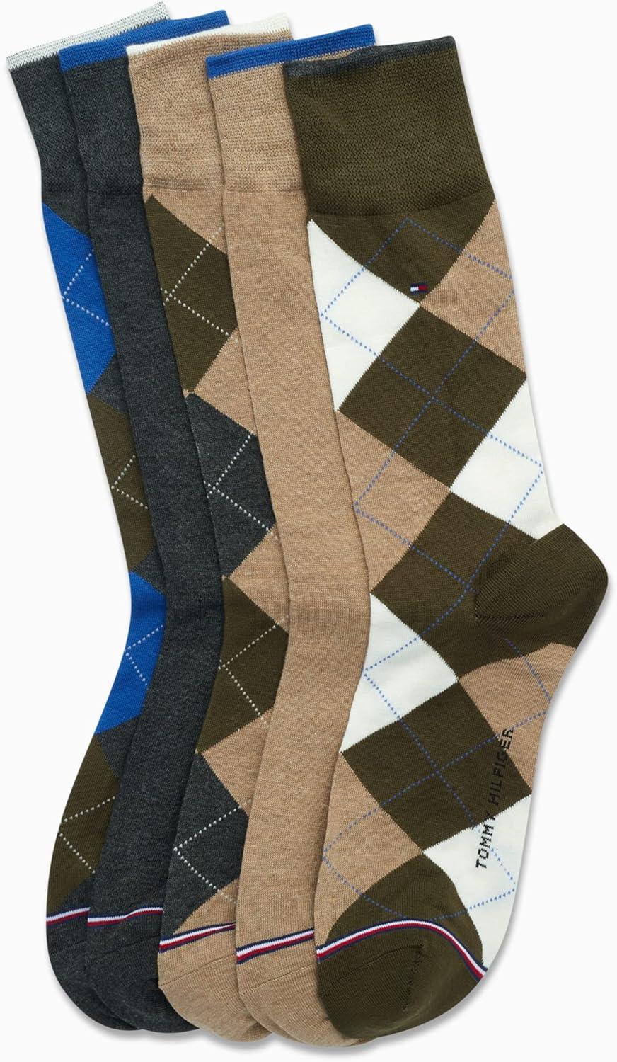 imageTommy Hilfiger Mens Dress Socks 5 Pack Lightweight Patterned Everyday Long Work Socks for Men for Casual amp Formal WearKhaki Argyle