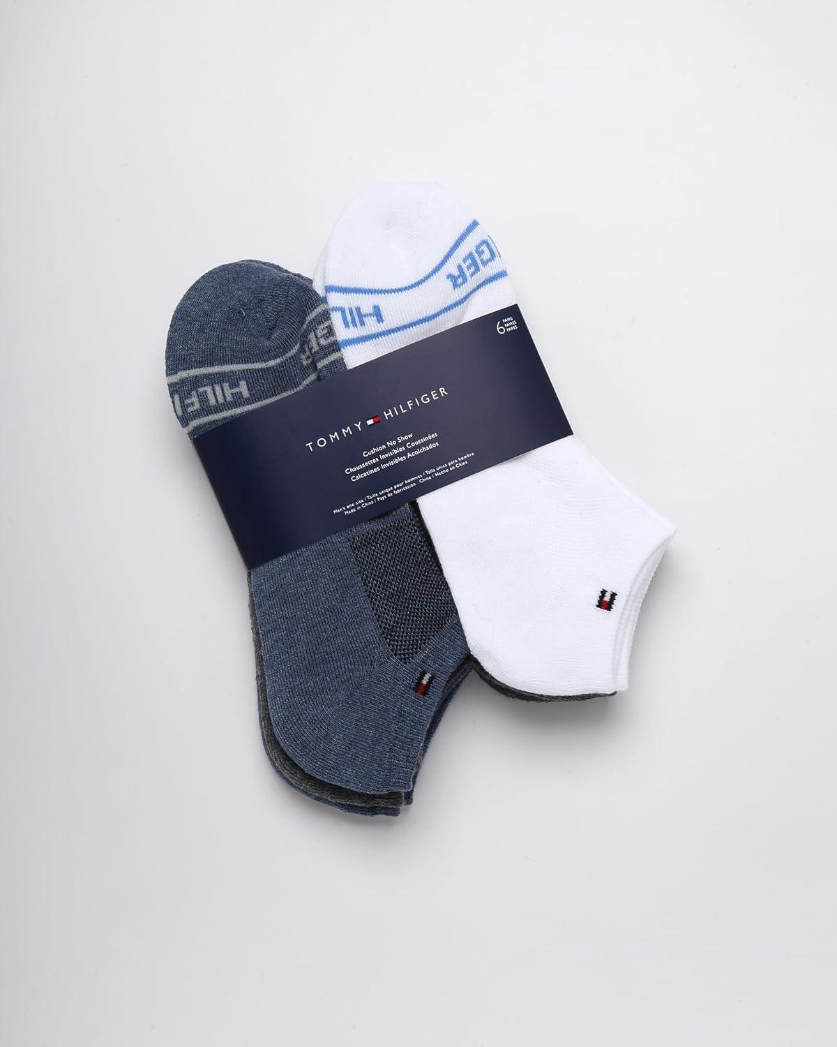 imageTommy Hilfiger Mens No Show Socks 6 Pack Lightweight Performance Stretch Athletic Invisible Shoe Socks Liners for MenDenim Heather Assorted