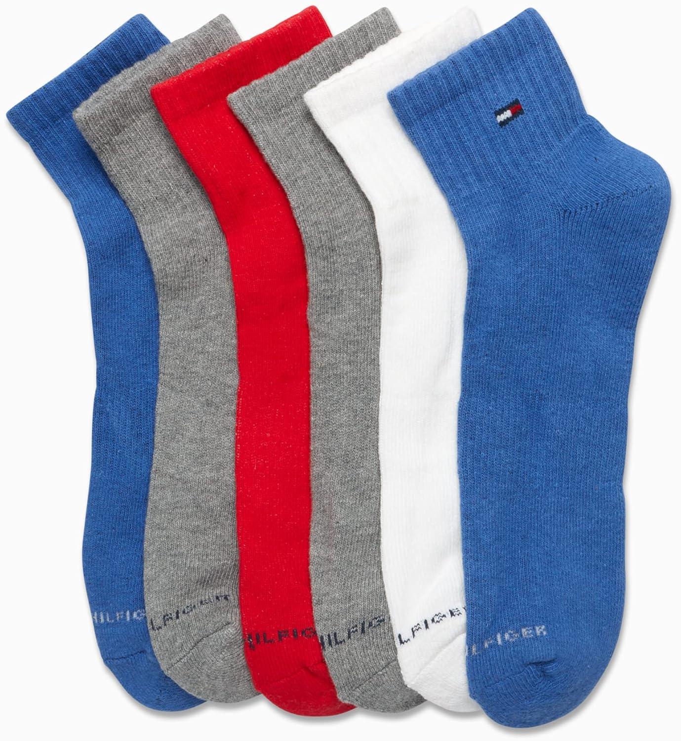 imageTommy Hilfiger Mens Quarter Socks 6 Pack Athletic Performance Stretch Moisture Wicking Cushioned Ankle Socks for MenAssorted