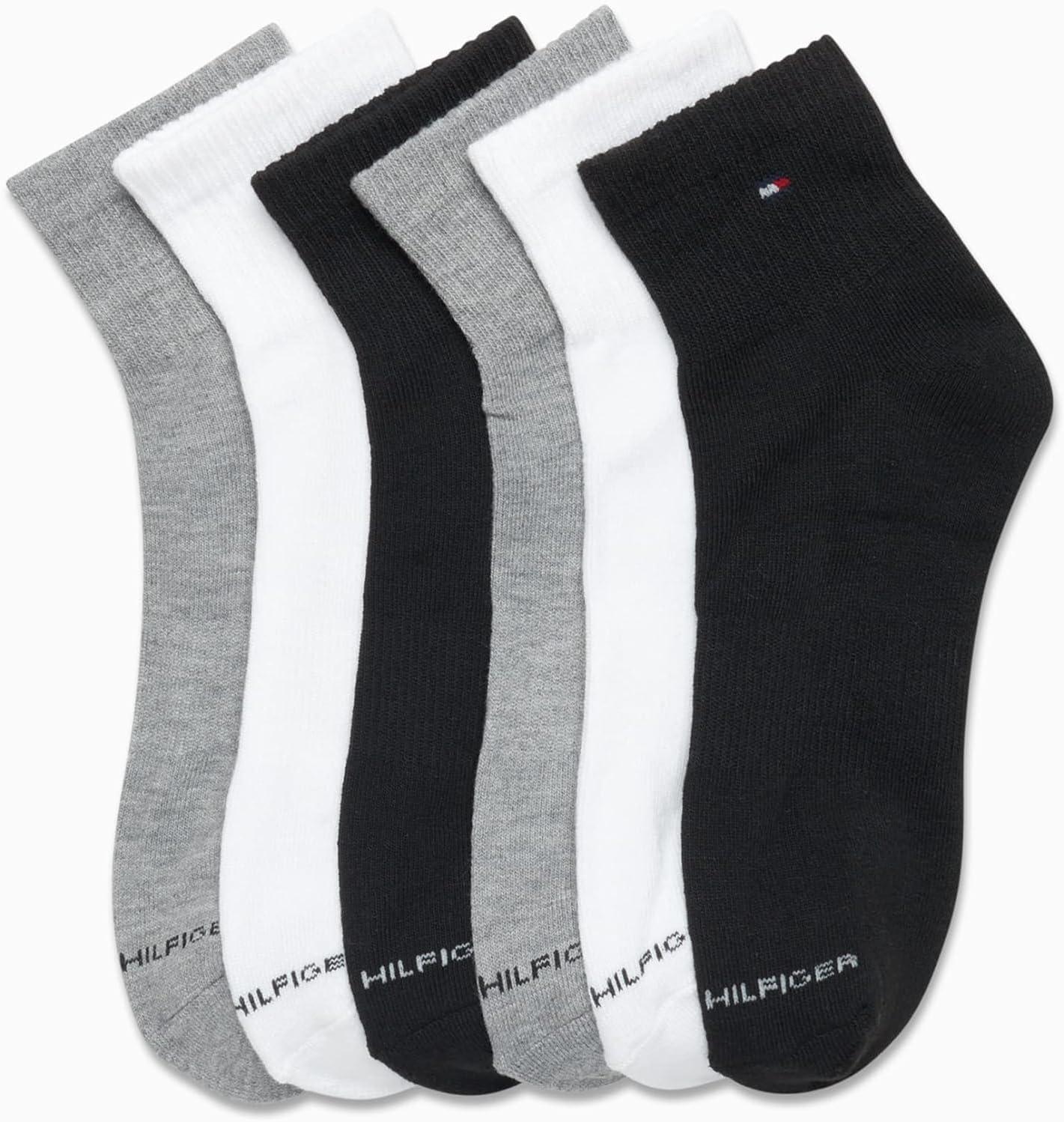 imageTommy Hilfiger Mens Quarter Socks 6 Pack Athletic Performance Stretch Moisture Wicking Cushioned Ankle Socks for MenGrey Assorted