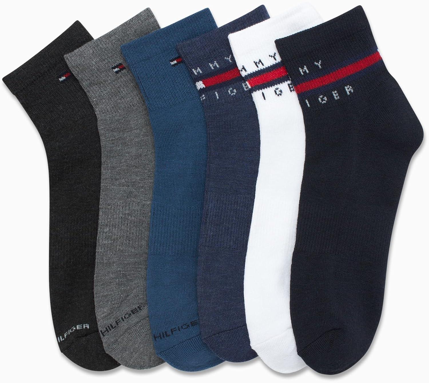imageTommy Hilfiger Mens Quarter Socks 6 Pack Athletic Performance Stretch Moisture Wicking Cushioned Ankle Socks for MenNavy Assorted