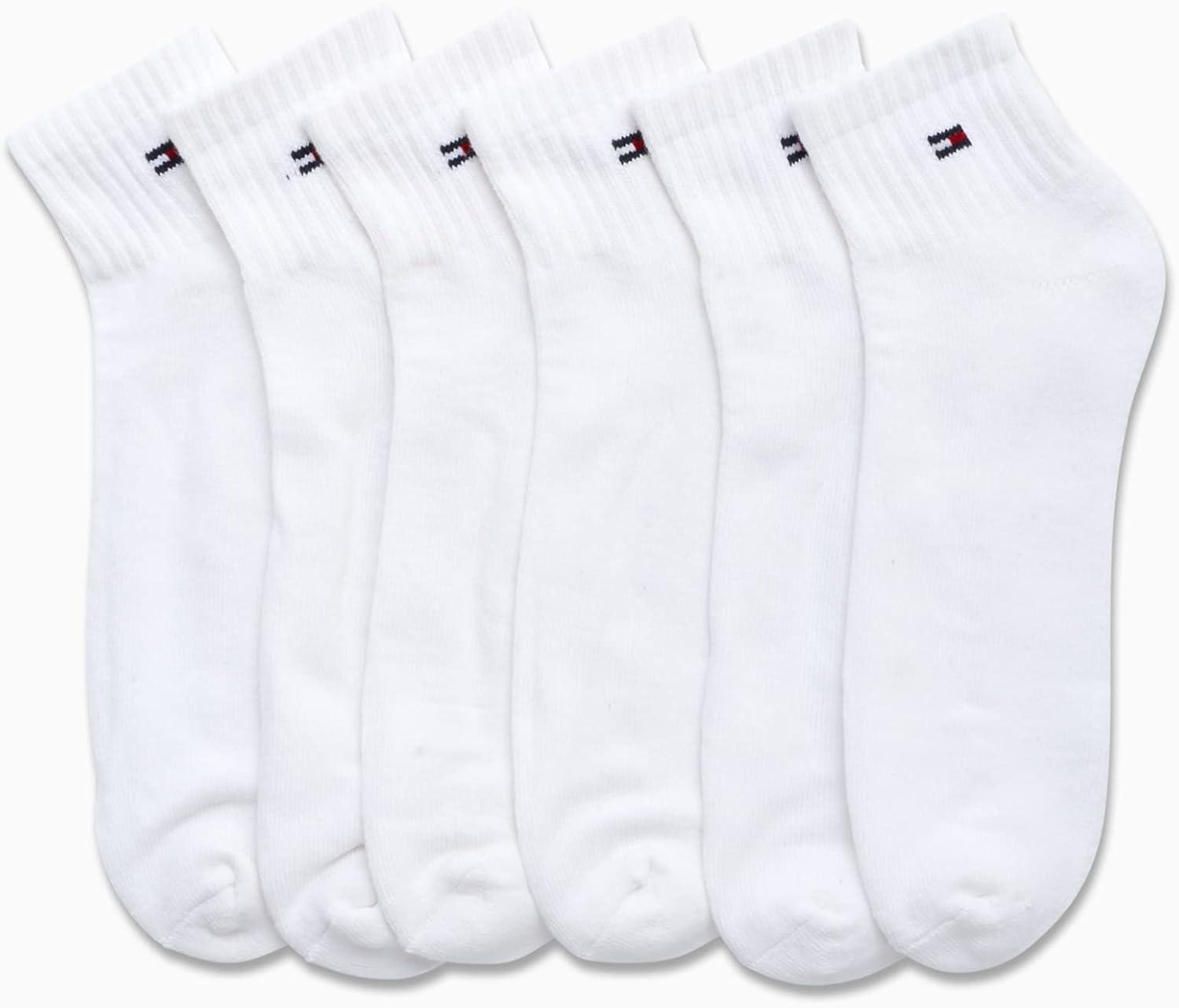 imageTommy Hilfiger Mens Quarter Socks 6 Pack Athletic Performance Stretch Moisture Wicking Cushioned Ankle Socks for MenWhite