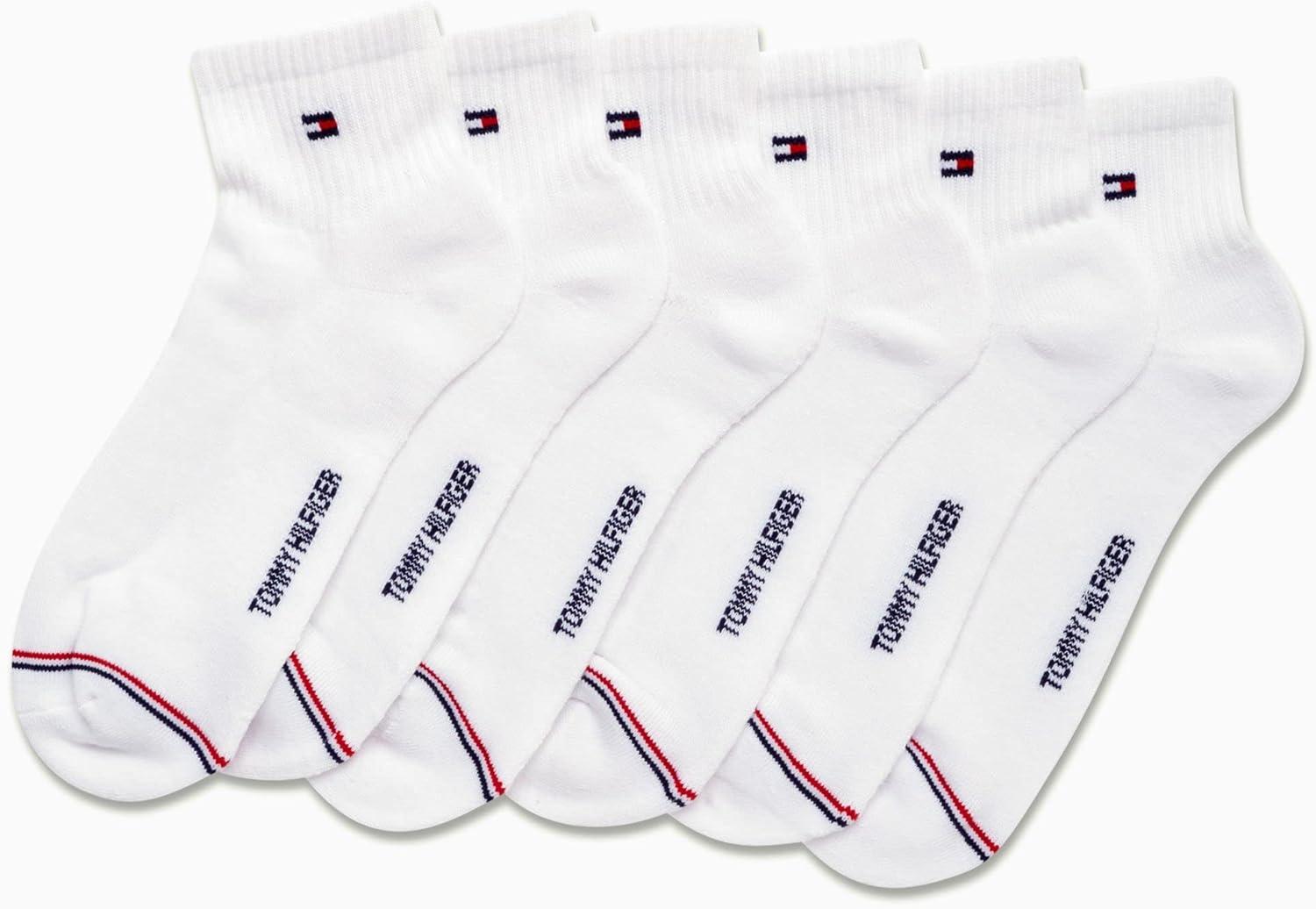 imageTommy Hilfiger Mens Quarter Socks 6 Pack Athletic Performance Stretch Moisture Wicking Cushioned Ankle Socks for MenWhite Stripe