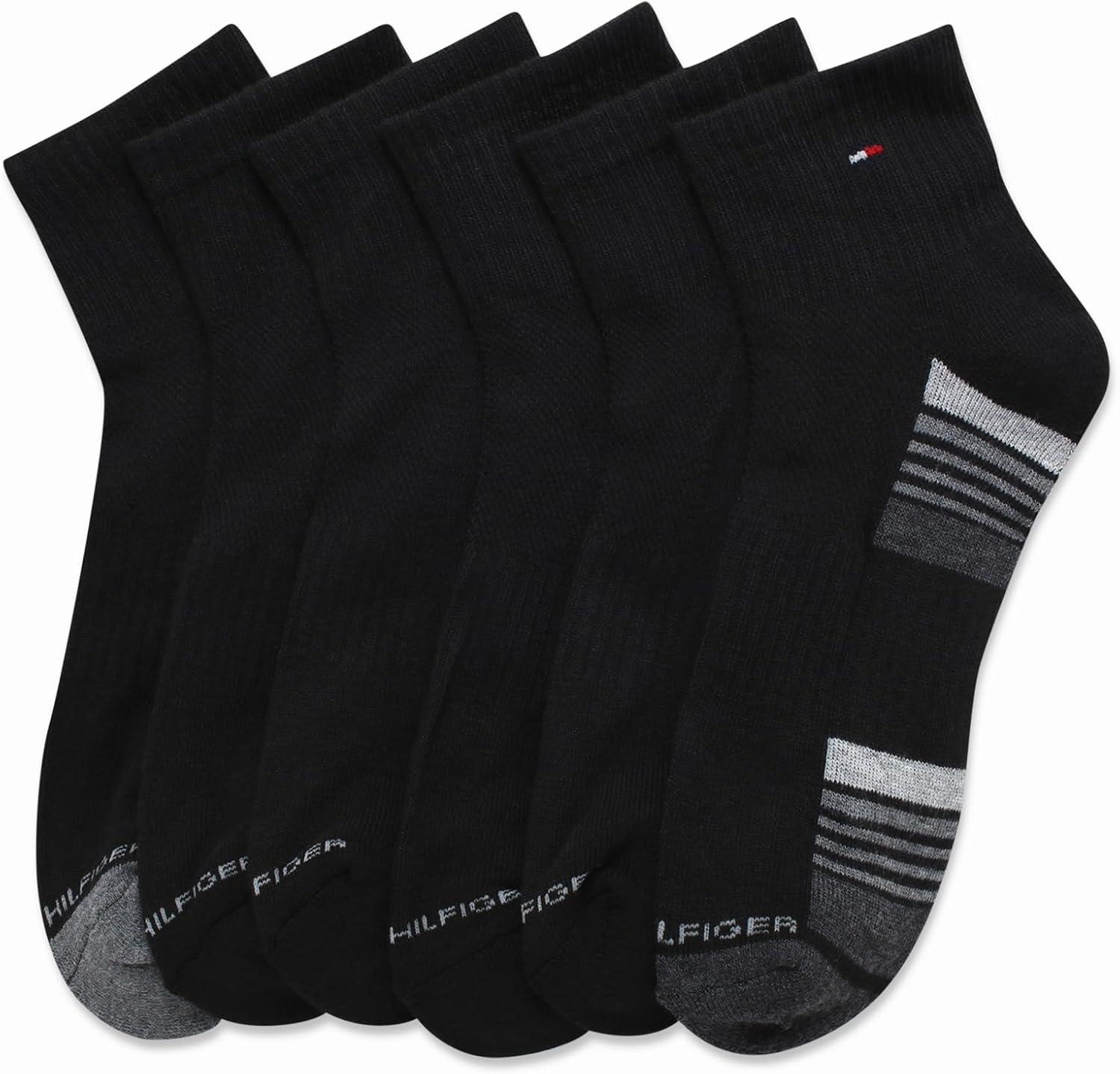 imageTommy Hilfiger Mens Quarter Socks 6 Pack Soft Cushioned Athletic Performance Ankle Socks for Men with Arch SupportBlack Grey Stripe