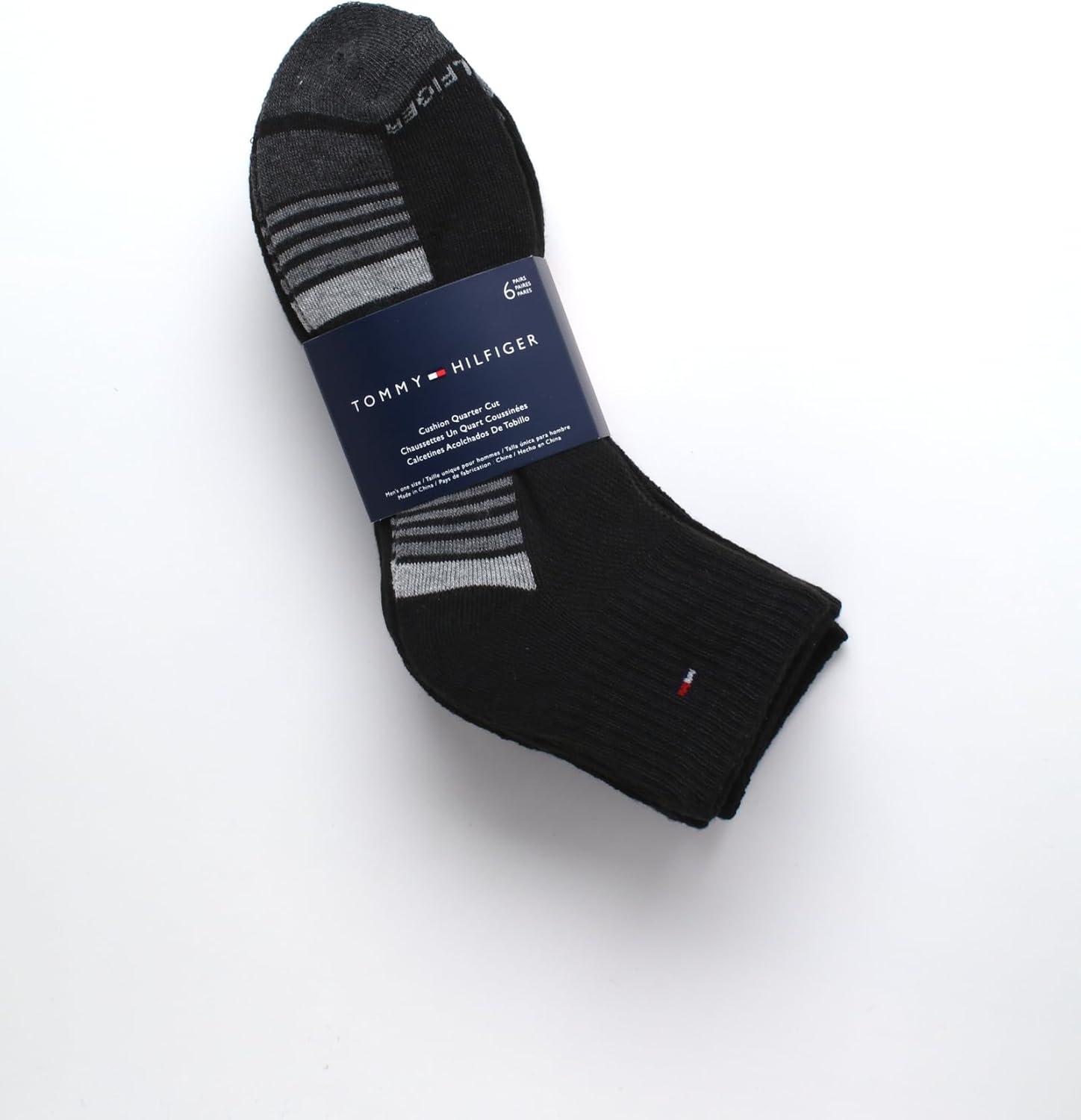 imageTommy Hilfiger Mens Quarter Socks 6 Pack Soft Cushioned Athletic Performance Ankle Socks for Men with Arch SupportBlack Grey Stripe