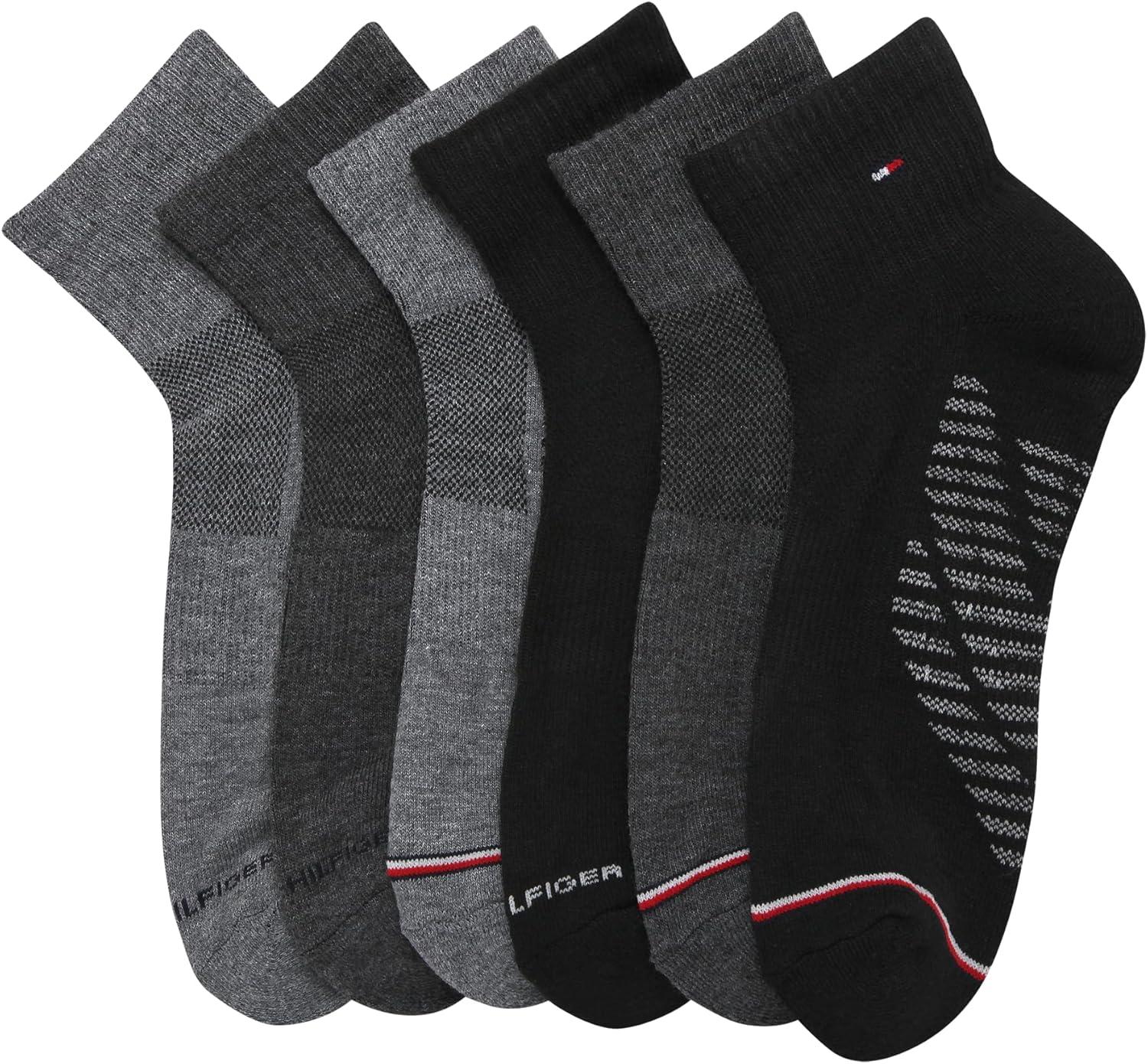 imageTommy Hilfiger Mens Quarter Socks 6 Pack Soft Cushioned Athletic Performance Ankle Socks for Men with Arch SupportBlackGrey Multi