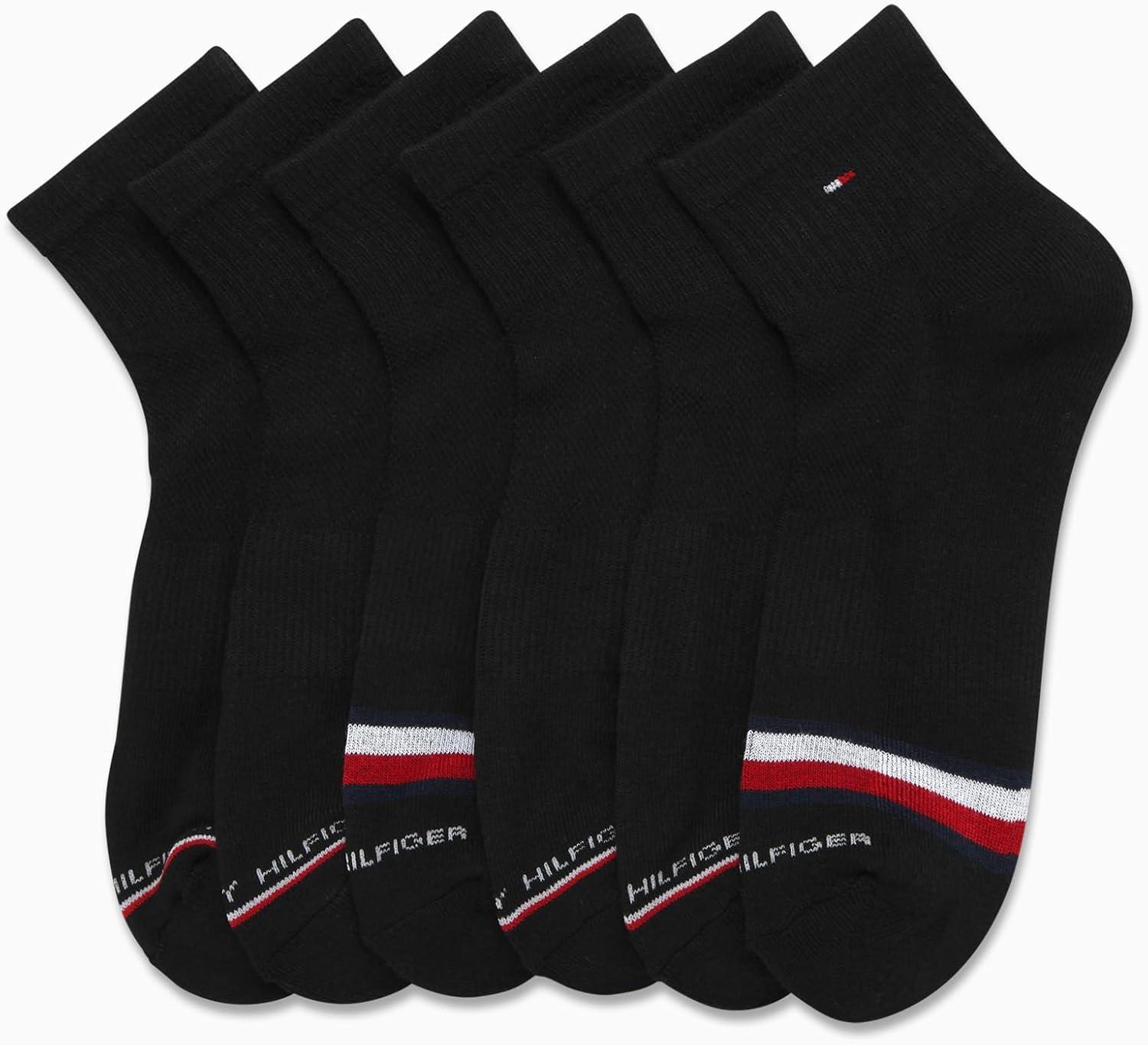 imageTommy Hilfiger Mens Quarter Socks 6 Pack Soft Cushioned Athletic Performance Ankle Socks for Men with Arch SupportCoal Black