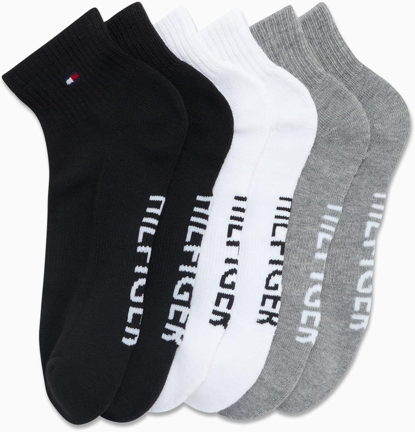 imageTommy Hilfiger Mens Quarter Socks 6 Pack Soft Cushioned Athletic Performance Ankle Socks for Men with Arch SupportGreyWhiteBlack