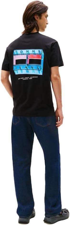 imageTommy Jeans Mens Short Sleeve Cotton TShirts with Blurred Printed Flag GraphicBlack