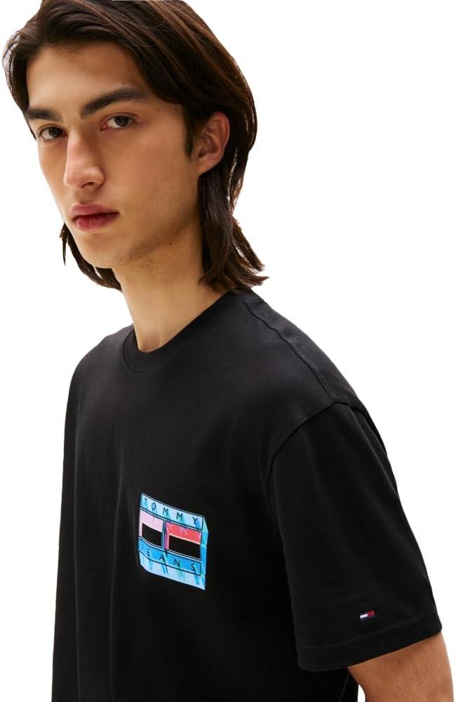 imageTommy Jeans Mens Short Sleeve Cotton TShirts with Blurred Printed Flag GraphicBlack
