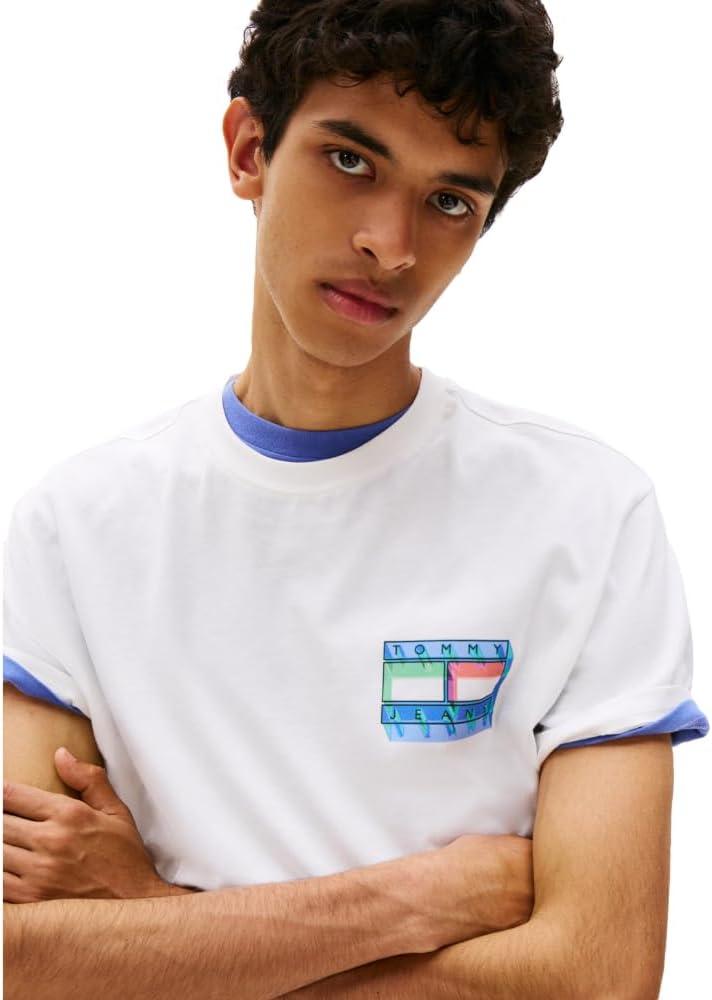 imageTommy Jeans Mens Short Sleeve Cotton TShirts with Blurred Printed Flag GraphicEcru