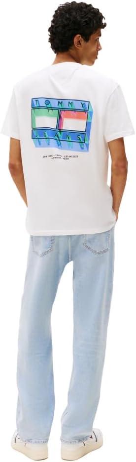 imageTommy Jeans Mens Short Sleeve Cotton TShirts with Blurred Printed Flag GraphicEcru