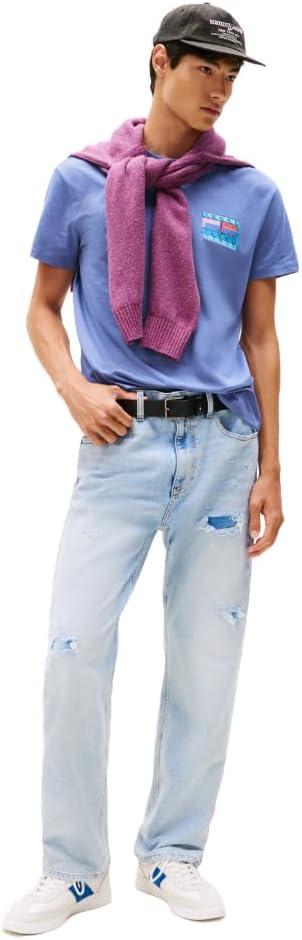 imageTommy Jeans Mens Short Sleeve Cotton TShirts with Blurred Printed Flag GraphicSoft Sapphire