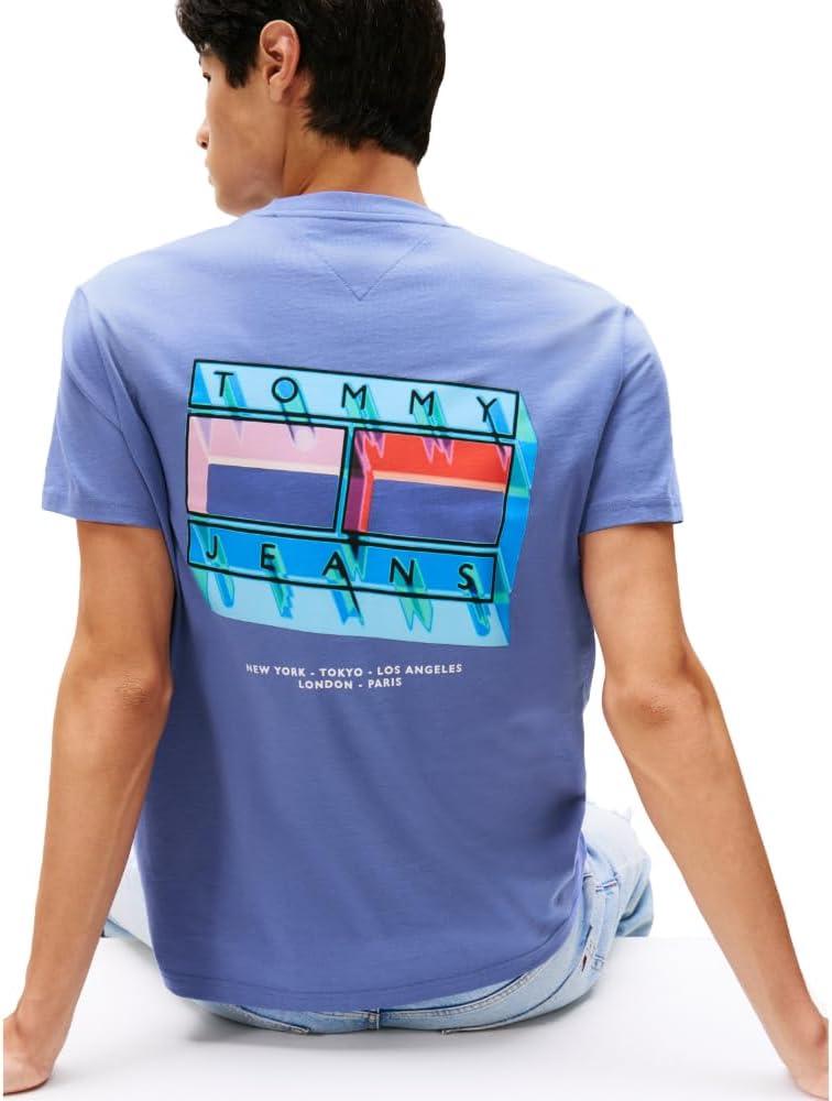 imageTommy Jeans Mens Short Sleeve Cotton TShirts with Blurred Printed Flag GraphicSoft Sapphire