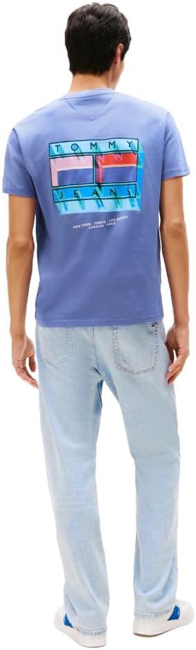 imageTommy Jeans Mens Short Sleeve Cotton TShirts with Blurred Printed Flag GraphicSoft Sapphire