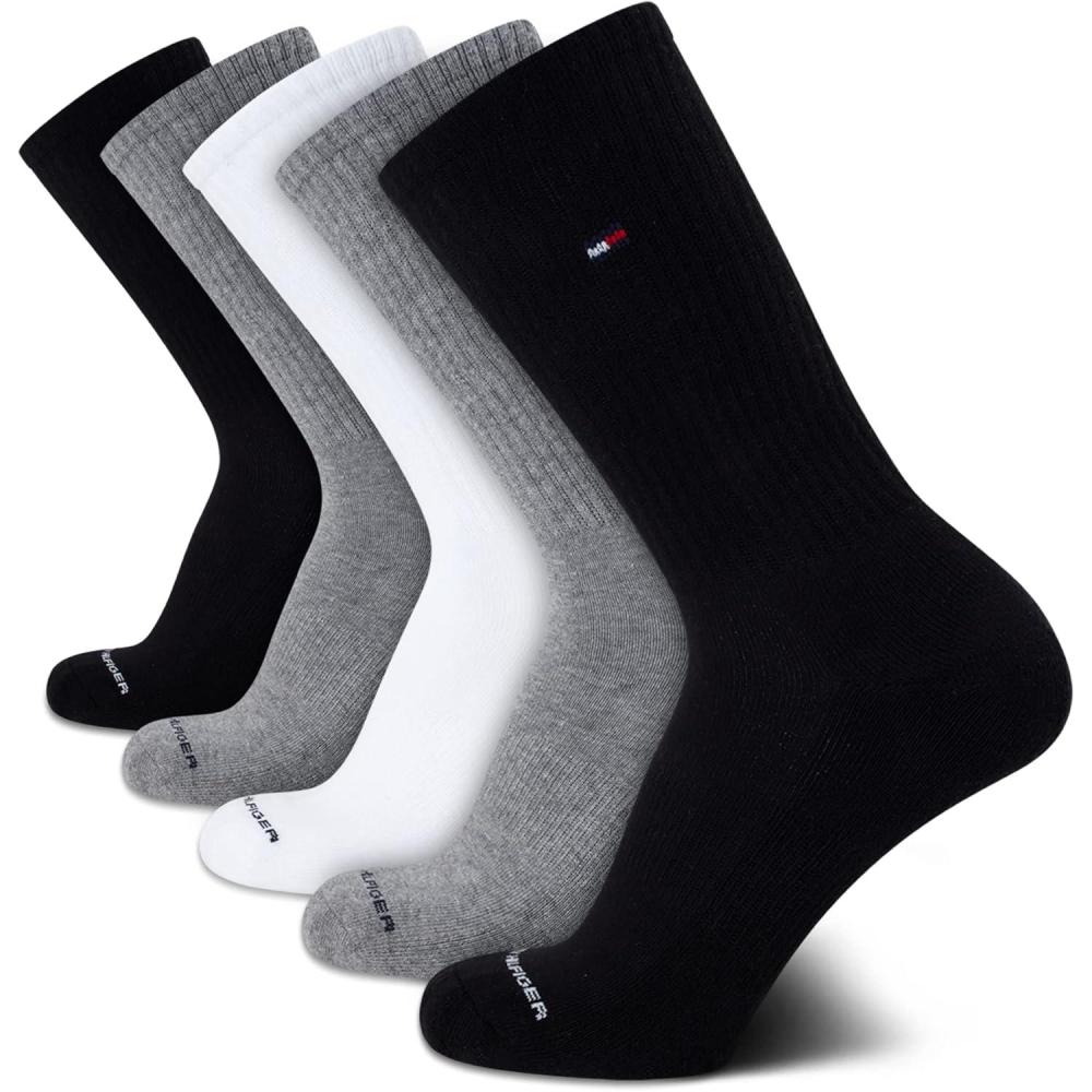 imageTommy Hilfiger Mens Crew Socks  5 Pack Cushioned Stretch Athletic Performance Crew Length Running Socks for MenBlackWhiteGrey