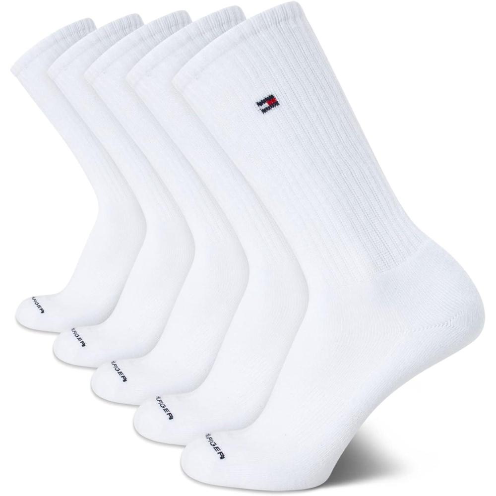 imageTommy Hilfiger Mens Crew Socks  5 Pack Cushioned Stretch Athletic Performance Crew Length Running Socks for MenPure White