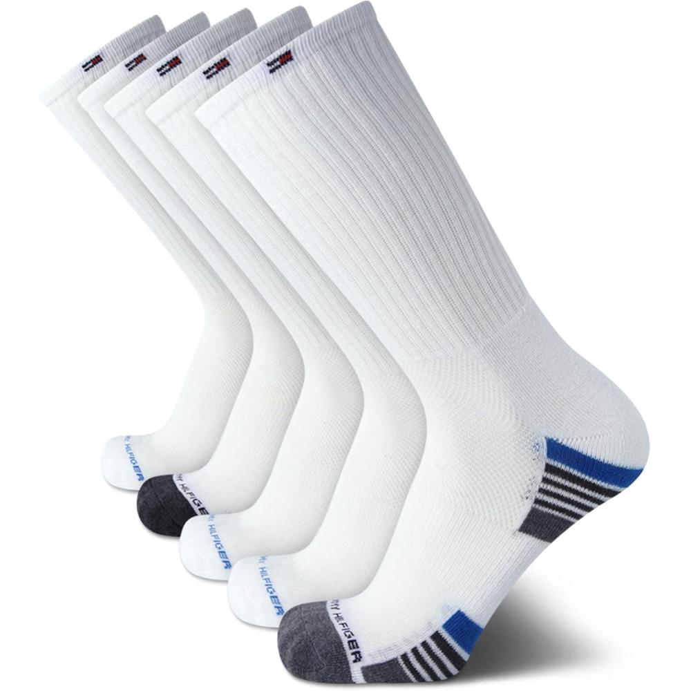 imageTommy Hilfiger Mens Crew Socks  5 Pack Cushioned Stretch Athletic Performance Crew Length Running Socks for MenWhite Multi