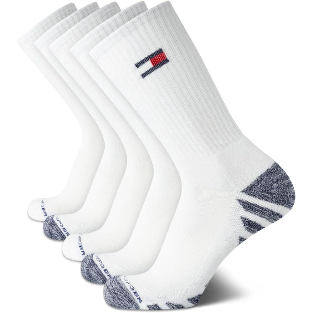 imageTommy Hilfiger Mens Crew Socks  5 Pack Cushioned Stretch Athletic Performance Crew Length Running Socks for MenWhiteWhite