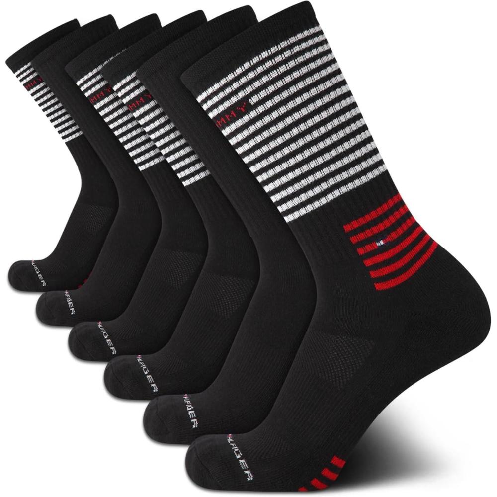imageTommy Hilfiger Mens Crew Socks 6 Pack Cotton Blend Stretch Cushioned Breathable Athletic Socks for MenBlack Stripe