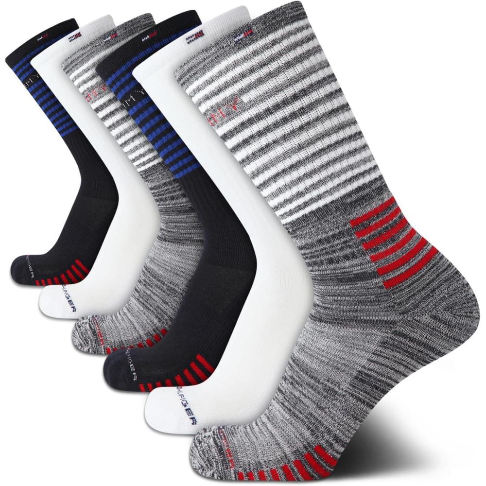 imageTommy Hilfiger Mens Crew Socks 6 Pack Cotton Blend Stretch Cushioned Breathable Athletic Socks for MenNavy Assorted