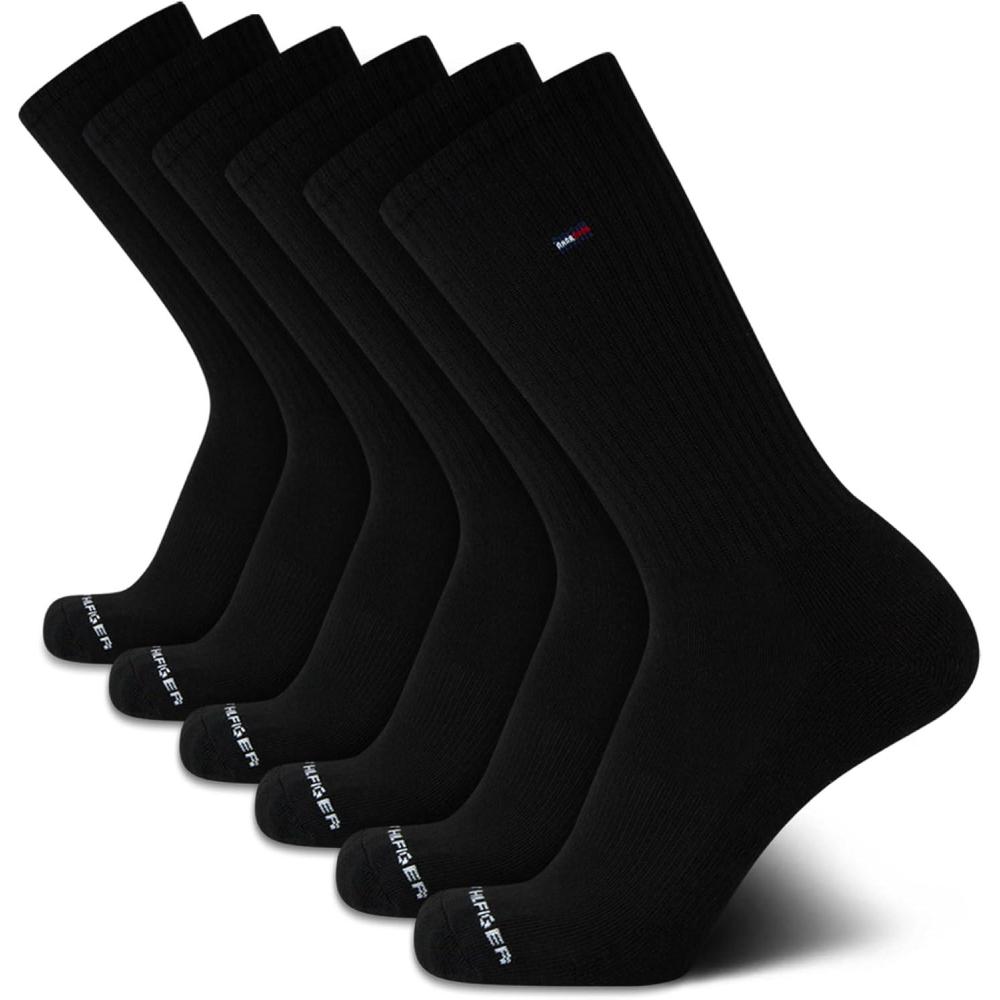 imageTommy Hilfiger Mens Crew Socks 6 Pack Cotton Blend Stretch Cushioned Breathable Athletic Socks for MenPure Black