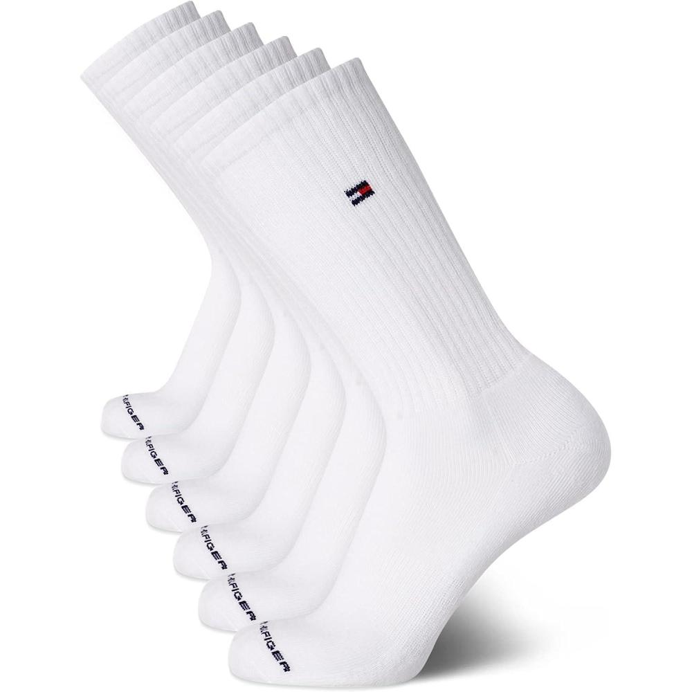 imageTommy Hilfiger Mens Crew Socks  6 Pack Cotton Blend Stretch Cushioned Breathable Athletic Socks for MenWhite Flag
